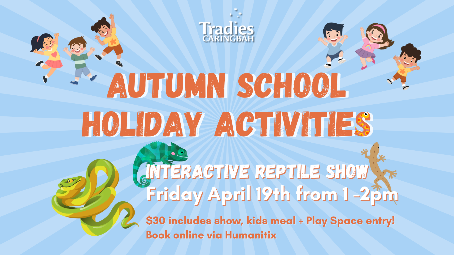 School holiday fun at Tradies Caringbah! Kids interactive reptile show Friday April 19th.